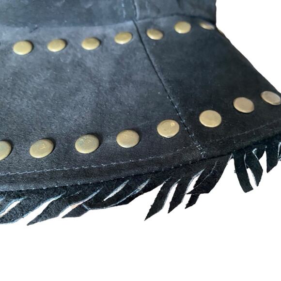Suede Boho Black Fringe Studded Festival Bucket Hat Gold Stud one size - Picture 5 of 7